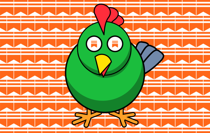 The Doomberg chicken with the Substack logo substituting for its two irises, on a wallpaper background of Substack logos